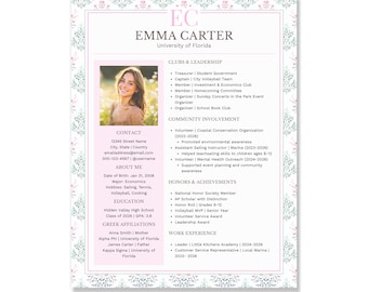 Plantilla de currículum para hermandad con foto, currículum y carta de presentación editables para reclutamiento de hermandades, plantilla de currículum para proceso de selección, diseño floral femenino.