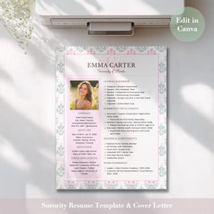May include: A sorority resume template and cover letter with a pink and white floral border. The resume includes a photo, contact information, and sections for clubs, leadership, community involvement, honors, achievements, and work experience. The text reads "Emma Carter, University of Florida."