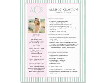 Sorority Resume Template with Photo | Sorority Resume and Cover Letter | Rush Resume Template | PNM Resume Digital Download | Pink and Green