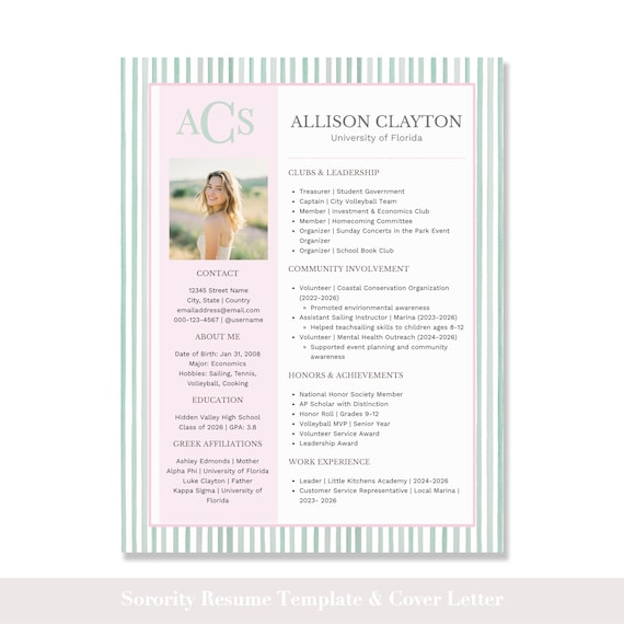 Sorority Resume Template with Photo | Sorority Resume and Cover Letter | Rush Resume Template | PNM Resume Digital Download | Pink and Green