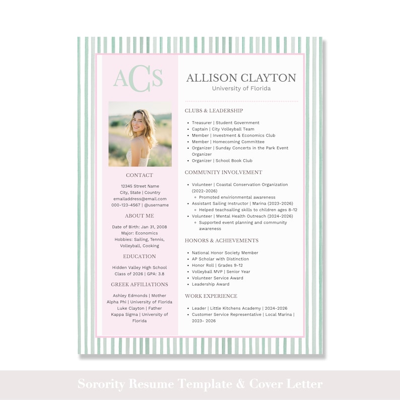 Op de afbeelding: Een cv-sjabloon en sollicitatiebrief met een roze en groene gestreepte rand. Het cv bevat een foto, contactgegevens, opleiding en werkervaring. De tekst luidt "Sorority Resume Template & Cover Letter".