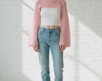 Bolero corto de ganchillo / Top de manga acampanada hecho a mano / Cárdigan bohemio de primavera/verano / Regalo para ella