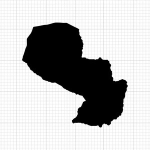 May include: A black silhouette of the country of Paraguay against a white grid background. The shape is solid black, with a distinct outline representing the nation's borders. The grid provides a subtle, geometric backdrop.
