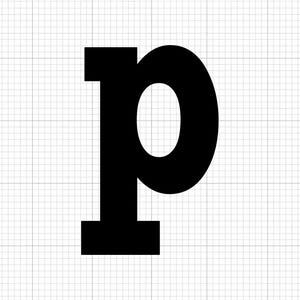 May include: A bold, black lowercase letter "p" centered on a white grid background. The letter has a thick, rounded top and a straight vertical line extending downwards, with a small rectangular base.