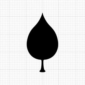 May include: A solid black spade symbol, a playing card suit, is centered on a white grid background. The spade shape is a teardrop with a stem and a small base.