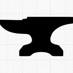 Könnte beinhalten: Schwarze Silhouette eines Ambosses, eines Schmiedewerkzeugs, vor weißem Gitterhintergrund. Der Amboss hat eine flache Oberseite, ein Horn und einen stabilen Sockel. Geeignet für Schmiedeartikel.