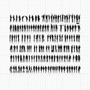 Puede incluir: Un fondo blanco con un patrón de cuadrícula y numerosas siluetas negras de personas. Las figuras están dispuestas en filas, representando varias poses, incluyendo de pie, caminando e interactuando. Algunas figuras sostienen objetos, y una tiene un paraguas.