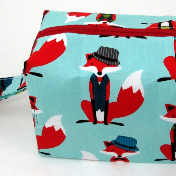 Small Zippered Project Bag - Dapper Foxes with fox bead zipper pull
