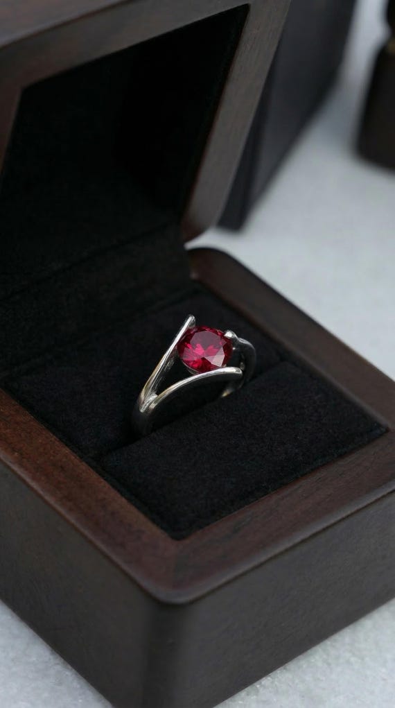 Red Ruby Solitaire Ring, Sterling Silver Bypass B… - image 1
