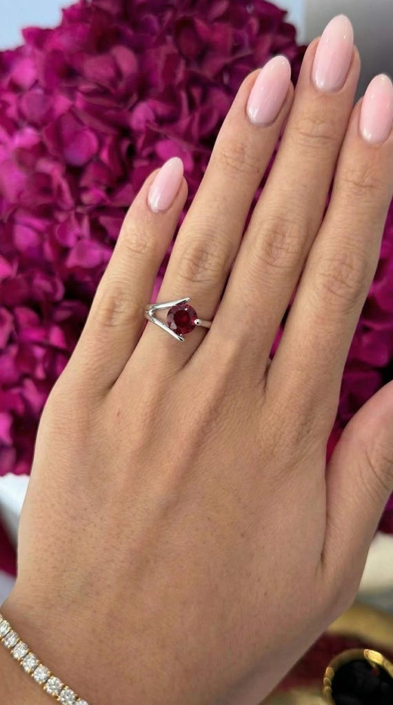 Red Ruby Solitaire Ring, Sterling Silver Bypass B… - image 3