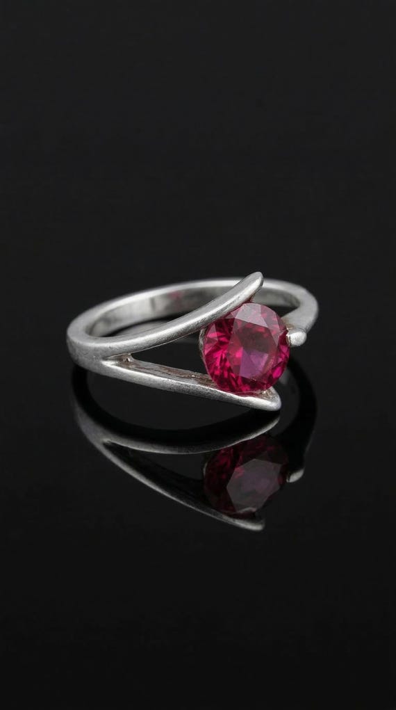 Red Ruby Solitaire Ring, Sterling Silver Bypass B… - image 4