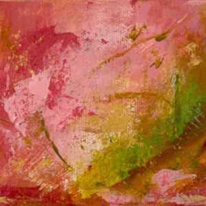 May include: Abstract painting with pink, green, and yellow hues. The painting has a textured, layered look, with brushstrokes visible throughout.