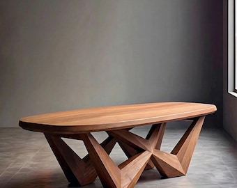 Skulpturellt ovalt soffbord, massivt valnötsträ, moderna geometriska sockelmöbler för vardagsrum