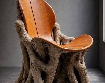 Stoel met sculpturaal houtaccent, onderstel met organische wortel, rustieke fauteuil van drijfhout, Wabi Sabi-stoelen