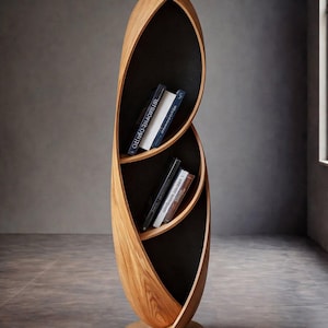 Estantería escultural de roble, librería de suelo moderna y orgánica, mueble expositor independiente.