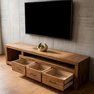 Walnoothouten mediaconsole, moderne tv-standaard met lades, minimalistische opbergruimte in de woonkamer