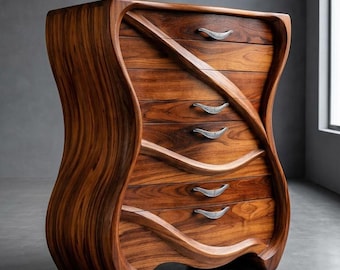 Cassettiera scultorea a 5 cassetti in noce, comodino moderno dalle linee ondulate e organiche