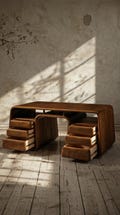 Walnut Writing Desk, Curved Waterfall Silhouette, Six Drawers, Sculptural Wood Office Furniture