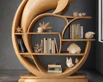 Wooden Dolphin Bookshelf, Sculptural Oak Bookcase, Nautical Nursery Storage Unit