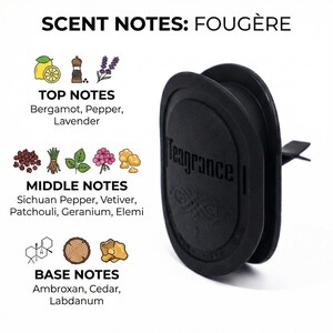 May include: A black car air freshener with the text "Teagrance" and a list of scent notes: bergamot, pepper, lavender, Sichuan pepper, vetiver, patchouli, geranium, elemi, ambroxan, cedar, and labdanum.