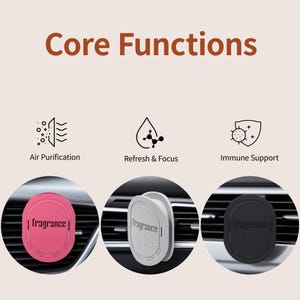 May include: Image features three car air fresheners in pink, white, and black, each with the word "fragrance" printed on them. The image also includes icons and text indicating "Air Purification", "Refresh & Focus", and "Immune Support".