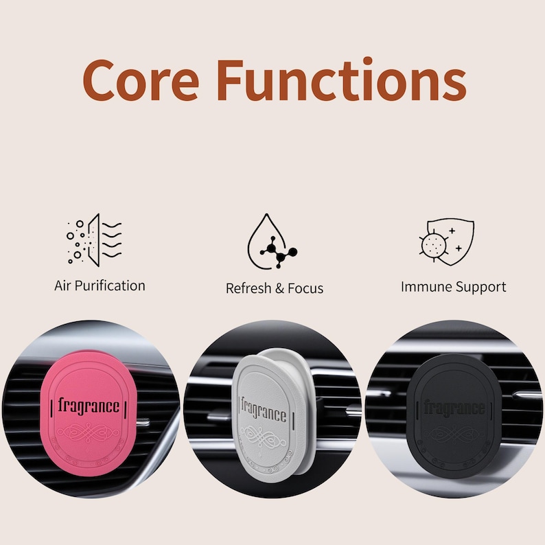 May include: Image features three car air fresheners in pink, white, and black, each with the word "fragrance" printed on them. The image also includes icons and text indicating "Air Purification", "Refresh & Focus", and "Immune Support".