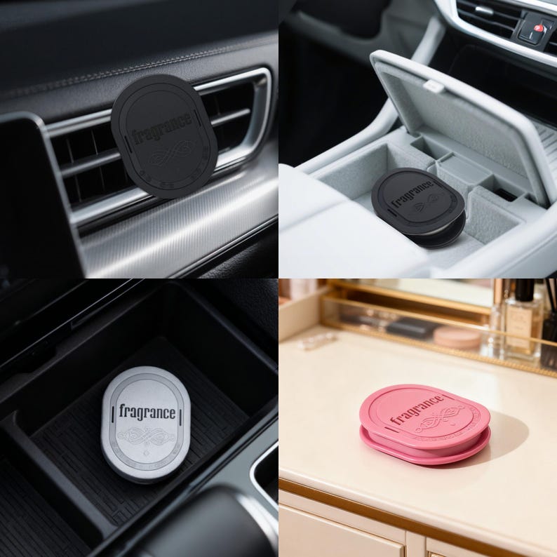 May include: Oval-shaped car air fresheners in black, silver, and pink. The fresheners have the word "fragrance" printed on them. The black freshener is placed on a car vent, while the silver one is in a car console. The pink one is on a vanity.