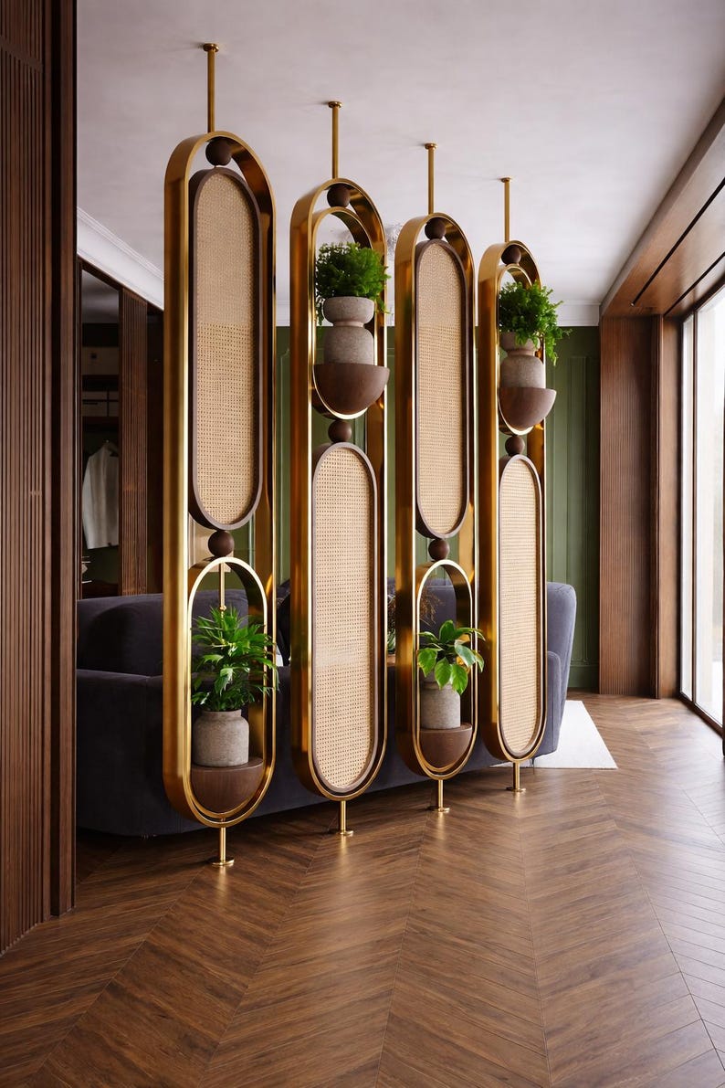 Cane Insert Luxury Gold Room Divider | Glass Cane Panel | Custom Metal Partition ...