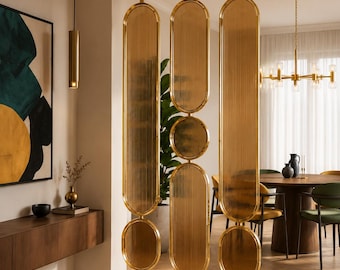 Modern Glass Room Divider, Luxury Gold PVD Stainless Steel Partition Wall, Bespoke Fluted Glass Panels, Entryway Privacy Screen Separator