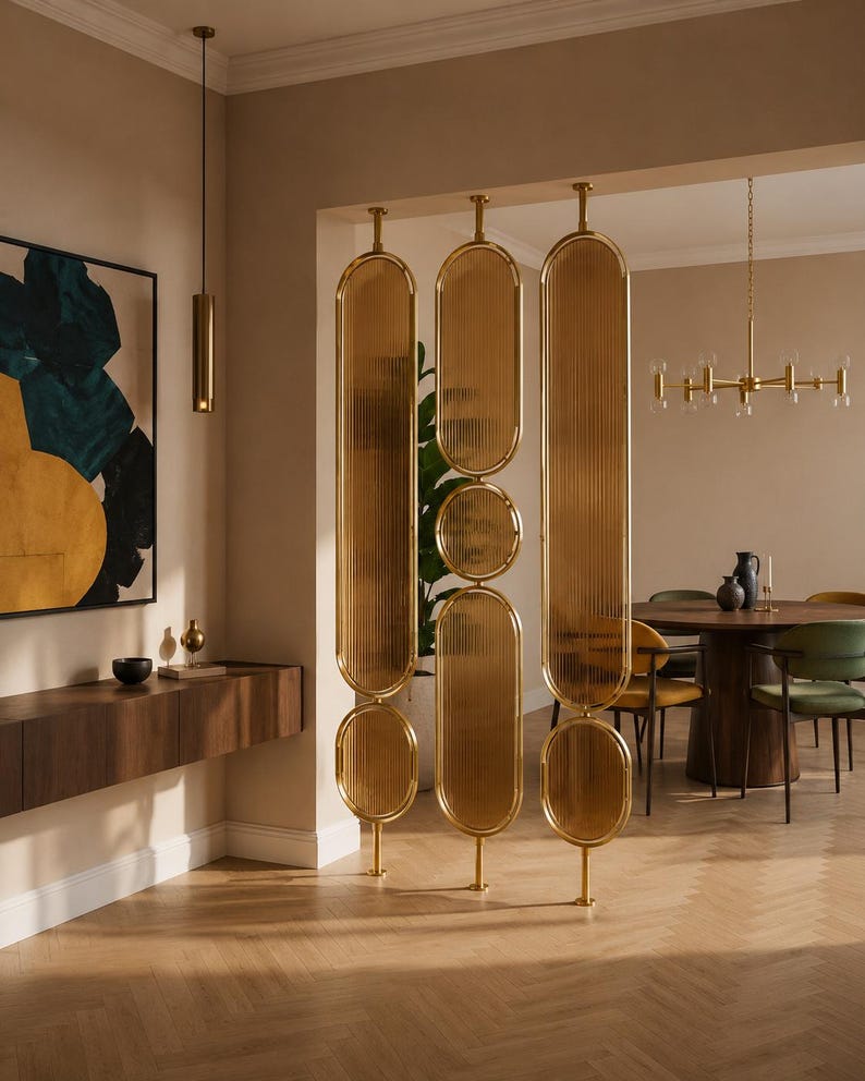 Bespoke Fluted Glass Room Divider, Gold Stainless Steel Partition Wall ...