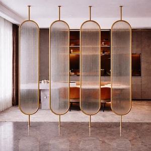 Separador de ambientes de cristal estriado color oro champán, panel divisorio de metal moderno