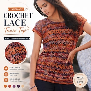 Könnte beinhalten: Ein handgefertigtes Häkeltunika-Top in Orange-, Rot- und Lilatönen. Das Oberteil hat einen Boho-Stil und ist leicht. Das Bild enthält den Text "HANDMADE CROCHET LACE Tunic Top" und "MADE WITH LOVE".