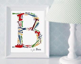 Tools Monogram Print, Custom Monogram Print: Tools and Construction, Tools Nursery Decor, Tools Art for Boy's Room, Construction Monogram