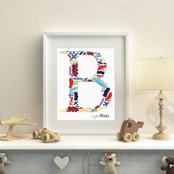 Custom Monogram: Trains, Planes and Automobiles, Airplanes Trains and Cars, Things that Go, Nursery Art, Boys Room, Playroom, Letter, Print