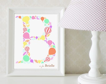 Hot Air Balloons Monogram Print, Custom Monogram - Hot Air Balloons, Butterflies and Clouds, Hot Air Balloon Nursery and Girl's Room Art