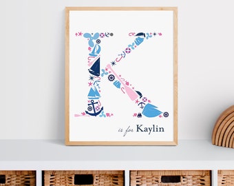 Girl Nautical Monogram Print, Custom Girl's Nautical Monogram Print, Pink and Blue Nautical Nursery Decor Wall Art, Nautical Girl's Room Art