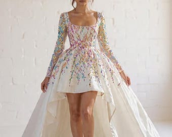 Floral Embroidered High-Low Prom Dress, Luxury Evening Gown, Bridesmaid Custom Formal Wear