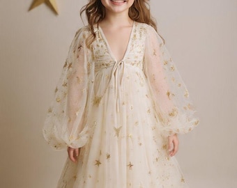 Vestido de tul con estrellas para niñas, vestido de lujo con estrellas doradas, conjunto de fiesta de princesa de cuento de hadas.