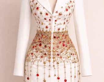 White Couture Blazer Dress: Gold Hand Embroidery, Red Crystal Embellishments, Bridal Mini Dress