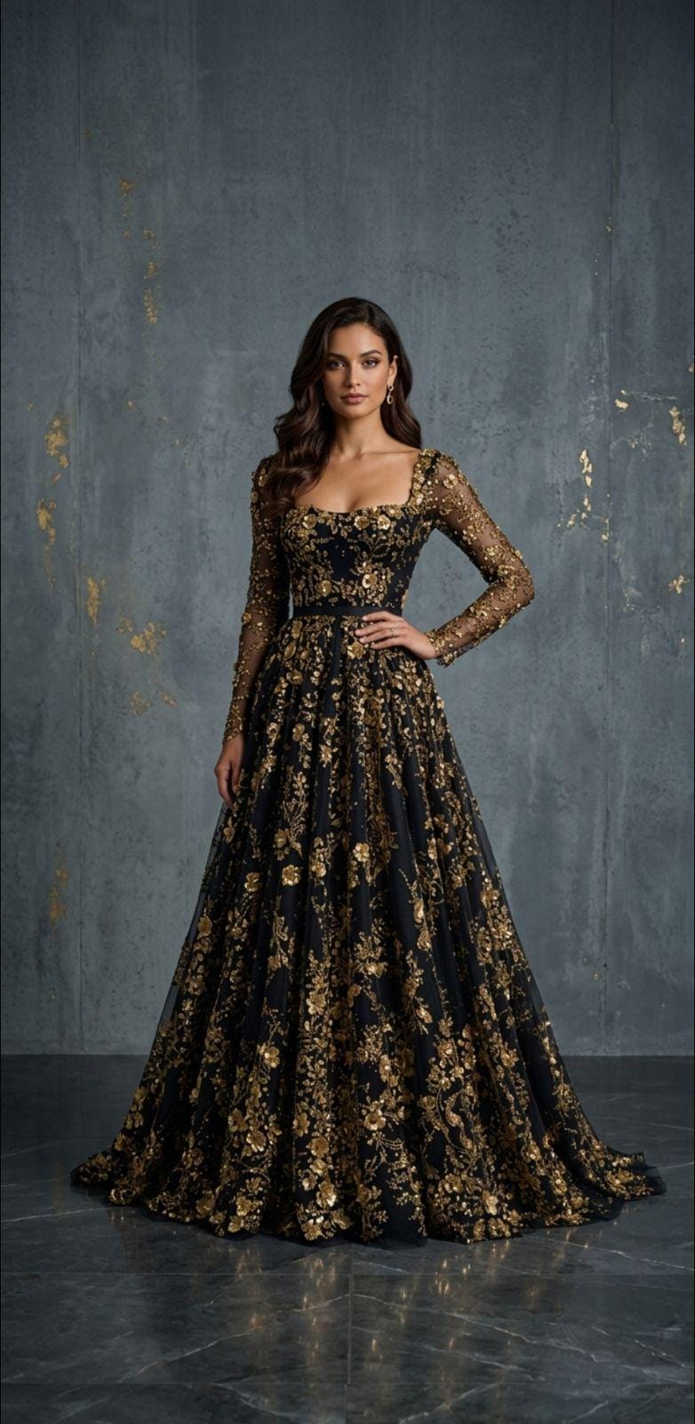 long sleeve black and gold dress Luxury Black and Gold Color Evening Dress