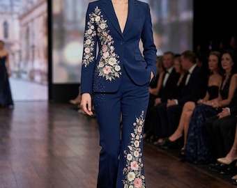 Navy Blue Floral Embroidered Suit Set, Women's Formal Blazer Pants Outfit