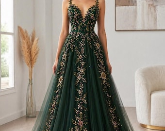 Robe de bal brodée de fleurs vert émeraude, robe de soirée de luxe en tulle