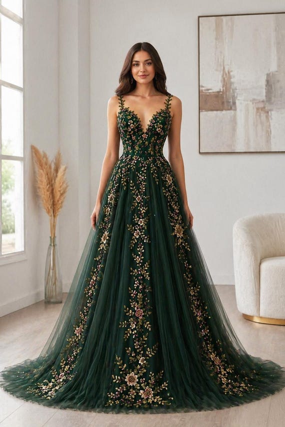 dark green floral formal dress Emerald Embroidered Ball Gown, Luxury Tulle Evening make up desk