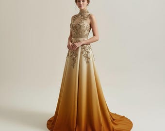 Ombre Dubai Kaftan – 3D Floral Modest Evening Gown, Muslim Wedding Dress