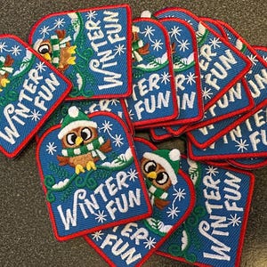 May include: A collection of blue, red, and white embroidered patches. Each patch features a cartoon owl wearing a green hat and scarf, with the words "Winter Fun" and snowflakes. The patches are a winter-themed item.