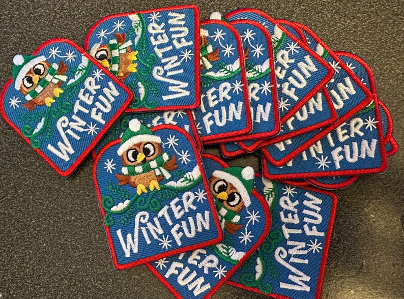 May include: A collection of blue, red, and white embroidered patches. Each patch features a cartoon owl wearing a green hat and scarf, with the words "Winter Fun" and snowflakes. The patches are a winter-themed item.