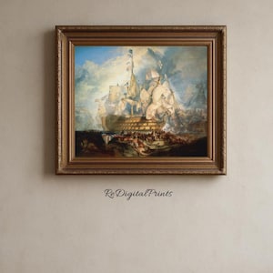 May include: A framed print of a historical naval battle scene. The artwork depicts a large ship with billowing white sails amidst a stormy sky. The frame is a warm, dark brown color, and the print has a vintage aesthetic.