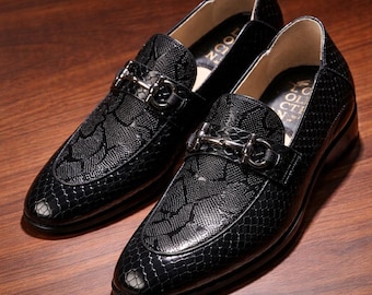 Men’s Black Leather Loafers – Snake Pattern Horsebit Shoes – Luxury Formal Dress Shoes – Handmade Slip On Wedding Office Shoes for Men