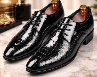 Black Crocodile Leather Oxford Shoes Men – Luxury Patent Dress Shoes  – Gift for Him