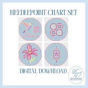 May include: A digital download of a needlepoint chart set. The image features four circular designs with cross-stitch patterns. Designs include a hummingbird, geometric shapes, a lily, and a lantern, all in pastel colors on a light blue background.